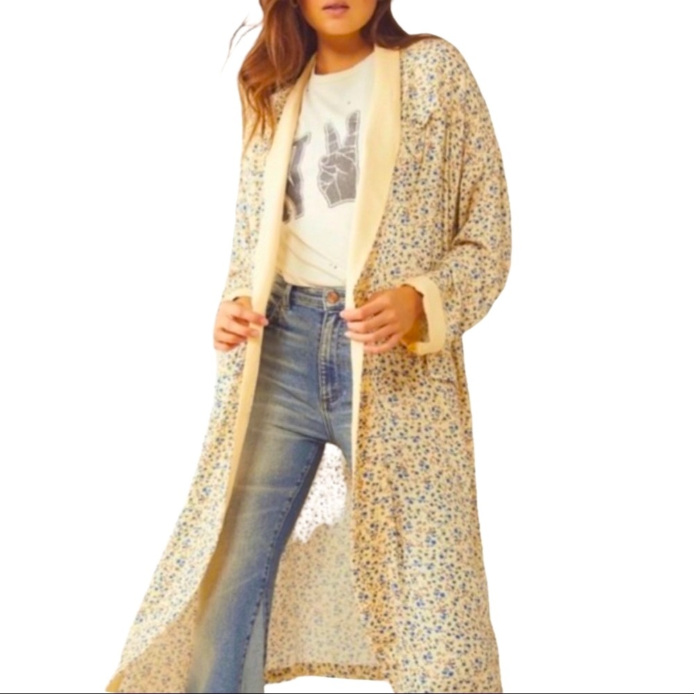 New Free People Wild Nights XS Yellow Floral Relaxed Open Duster Kimono Jacket - Picture 4 of 4